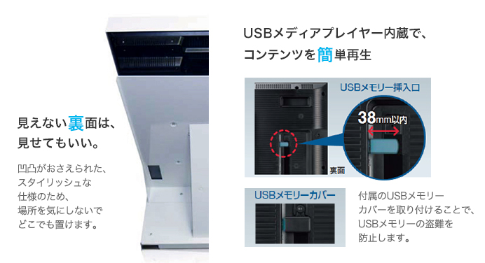 見えない裏面は見せても良い。USBメディアプレーヤー内蔵でコンテンツを簡単再生。